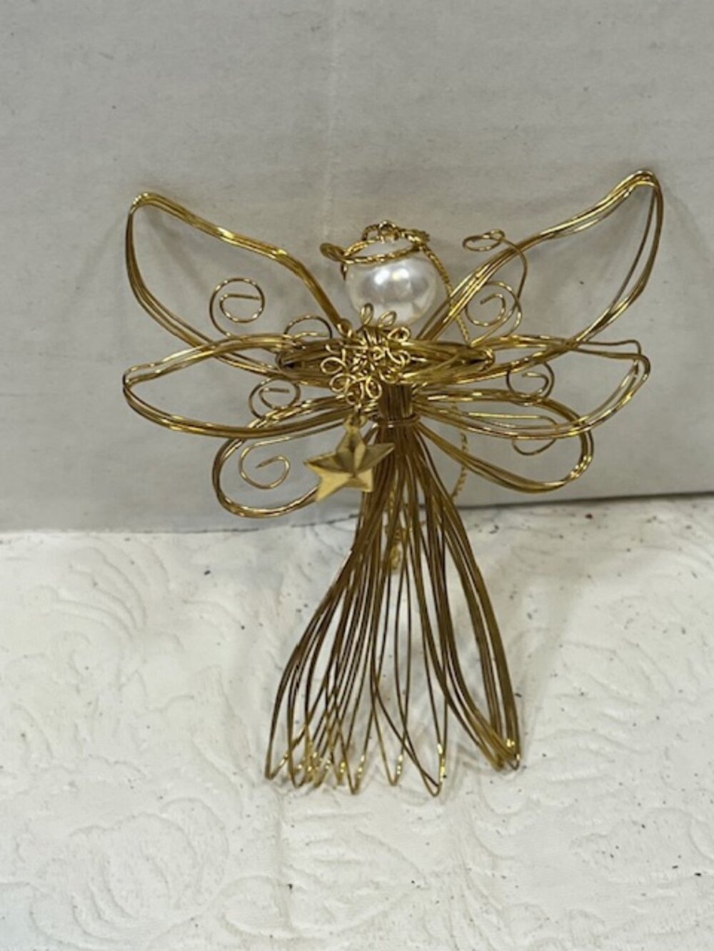 VTG Wired Angel Christmas Hanging Ornament Gold Tone Faux Pearl Head 2.75"x3"